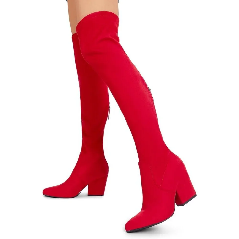 Women's Red Thigh High Knee Chunky Pointed Toe Long Block Stylish Heel Boot